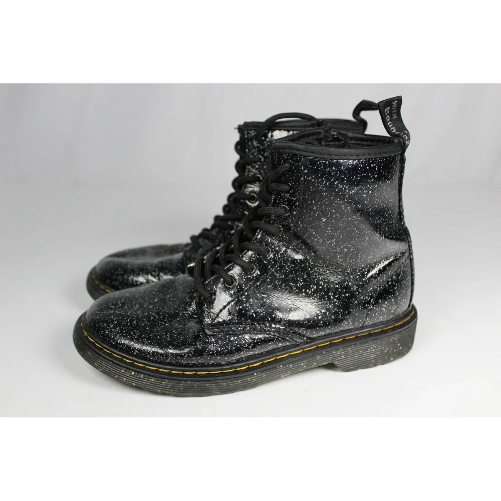 Dr. Martens Delaney Black Glitter Patent Boots Lace Up Side Zip Kids Shoes